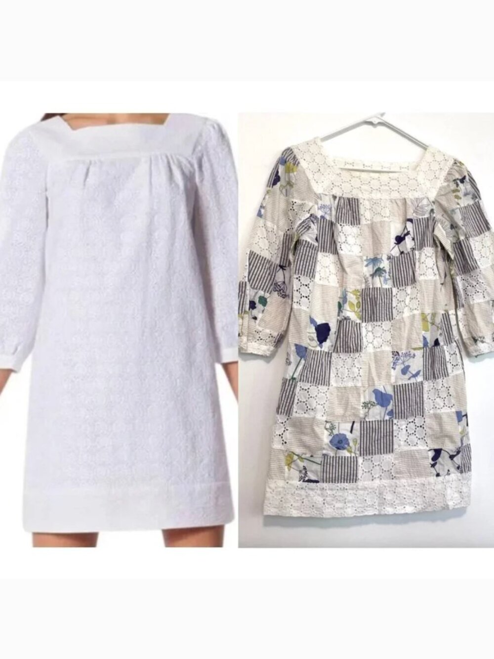 THREAD SOCIAL White Blue Patchwork Striped Floral Seersucker Eyelet Cotton Dress